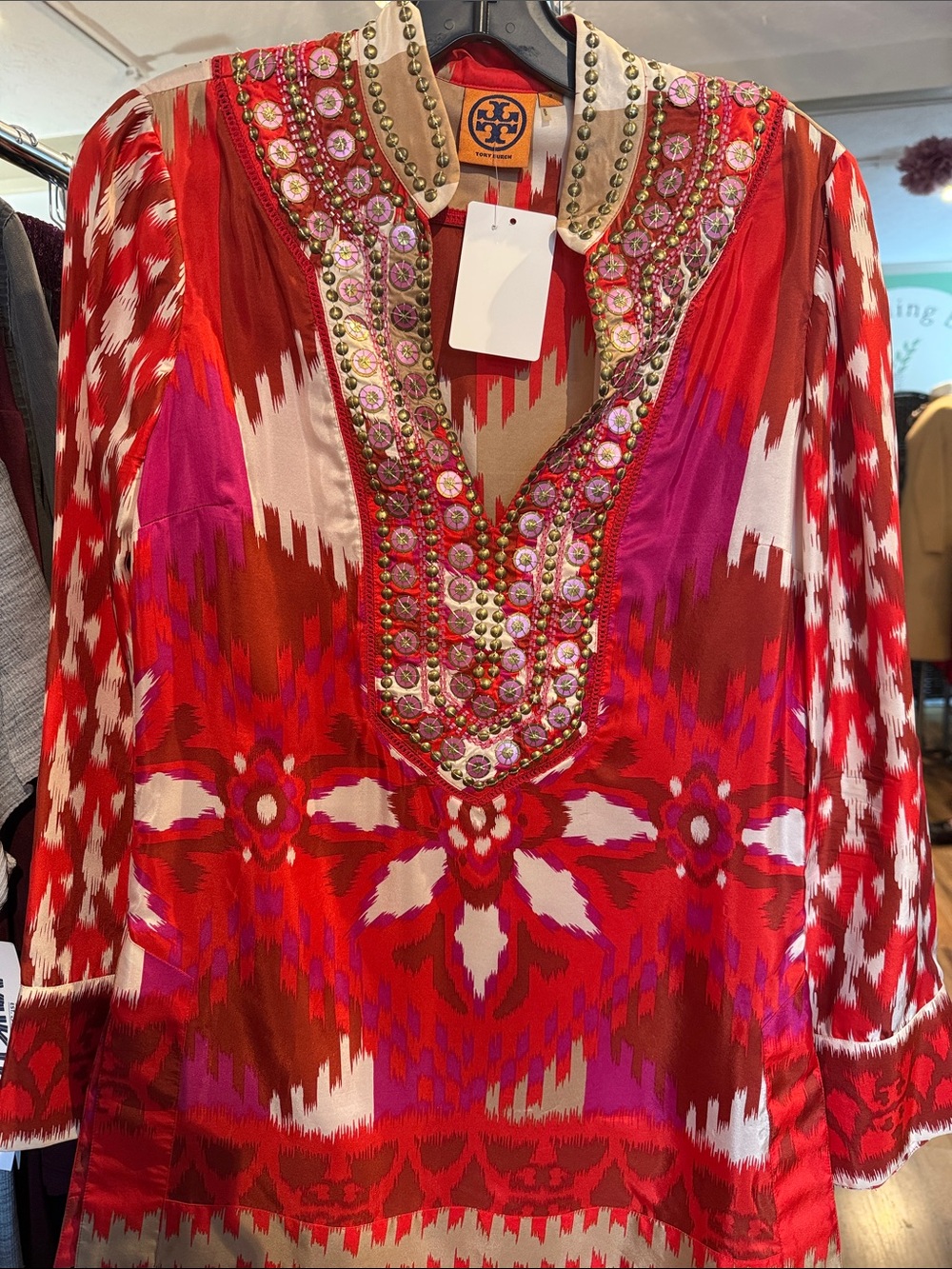 Tory Burch Red Pink Ikat Embellished Tunic